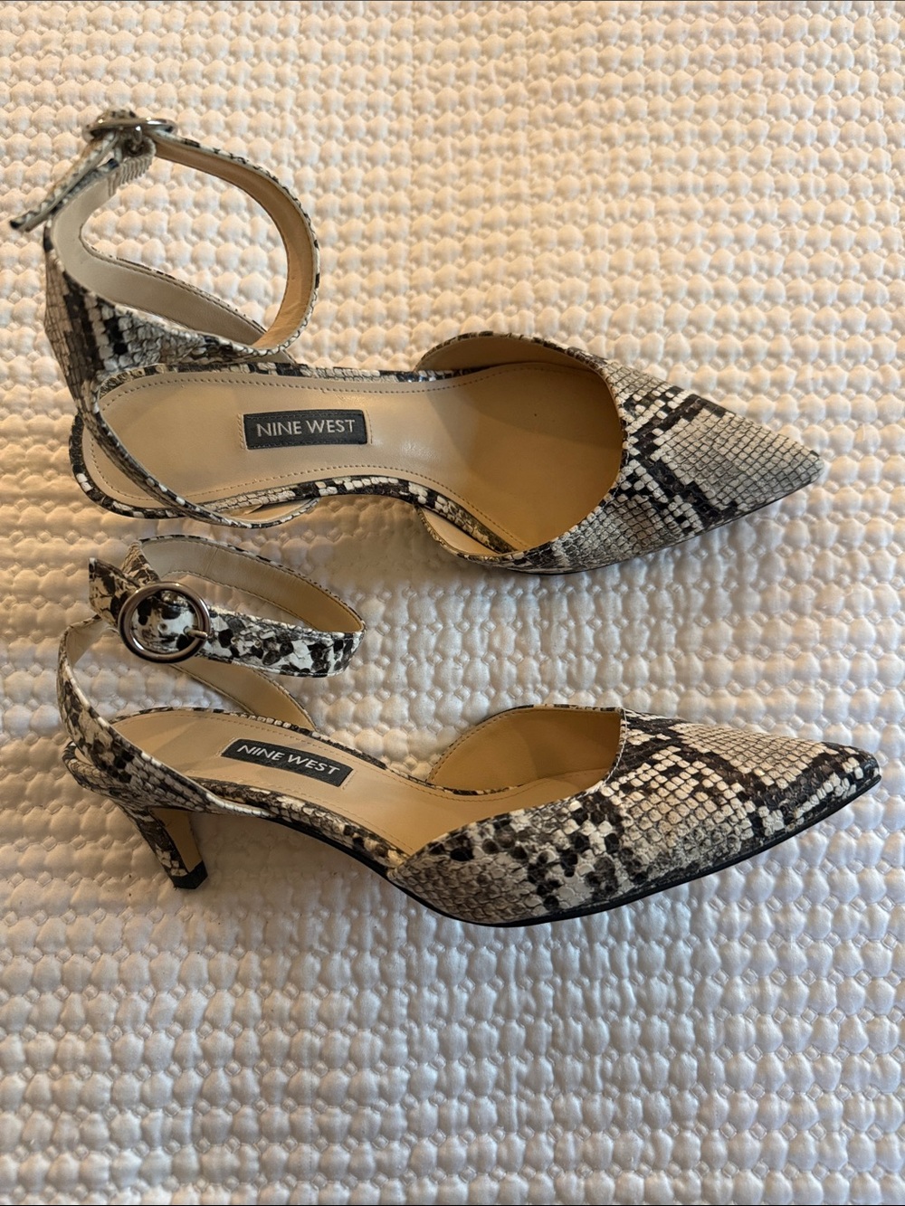 Nine West Black and White Snake-Print Ankle-Strap Pumps